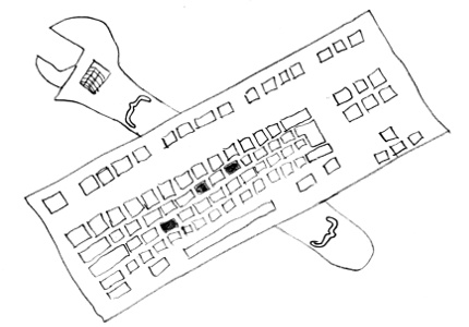 a crossed wrench and computer keyboard
